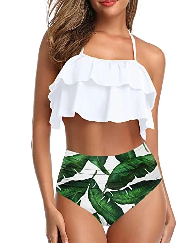 Women’s bikini bottoms blue serene chic -Vintage Halter Bikini Ruffled Tummy Control Bottoms-White Leaf