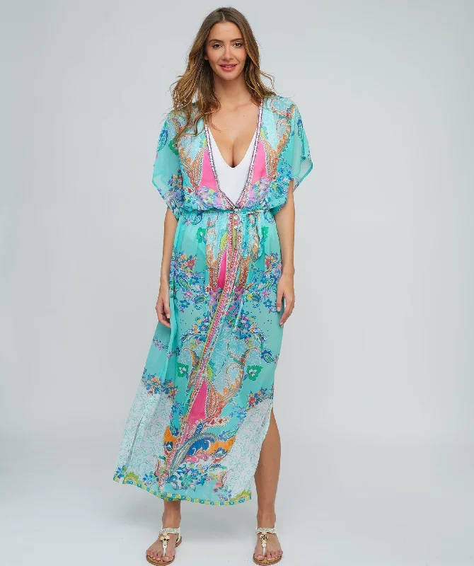 Women’s cover-up sunrise mesh flair -Aquamarine Maxi Kimono