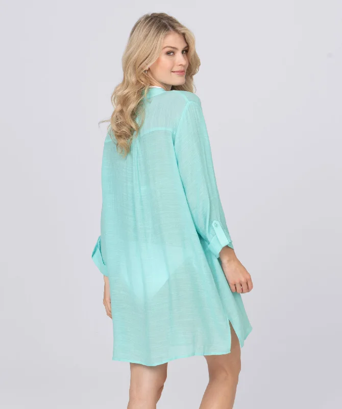 Women’s cover-up branded embossed glow -Turquoise Fringed Beach Shirt Dress