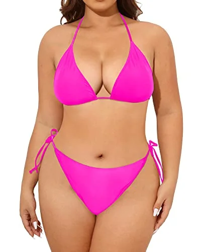 Women’s bikini bottoms seamless embossed glow -2 Piece Adjustable Halter Swimsuit Mid Waist Bottom for Women-Neon Pink