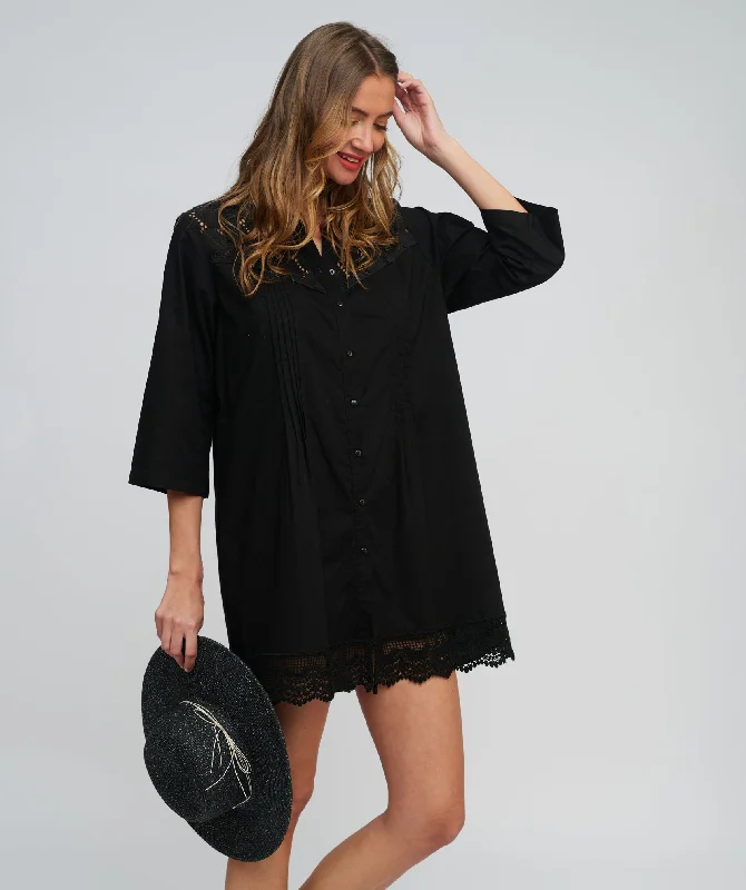 Women’s cover-up white mesh glow -Black Cotton Lace Trim Shirt Dress