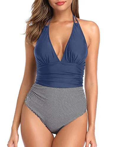 ladies one-piece swimsuit solid nylon -Open Back Halter Bathing Suit Tummy Control Women One Piece Swimwear-Blue White Stripe