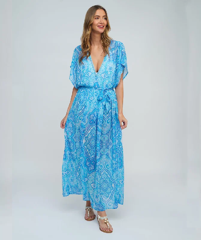 Women’s cover-up senior studded chic -Sky Blue Paisley Print Maxi Dress