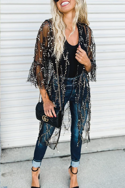 Women’s cover-up sage studded flair -Black Sequin Sheer Casual Open Front Cover Up