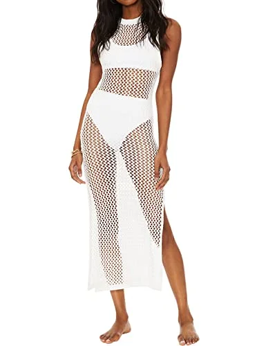 Women’s cover-up deep sea perforated flair -Women's Crochet Sleeveless Swimsuit Cover Up Beach Dress