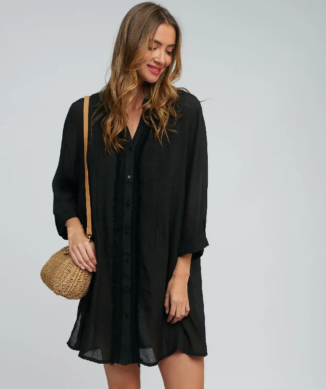 Women’s cover-up holiday satin glow -Black Fringed Beach Shirt Dress