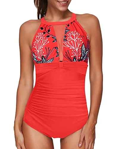 ladies one-piece swimsuit reef shine -Women's Mesh High Neck One Piece Swimsuit With Tummy Control Swimwear-Red Floral