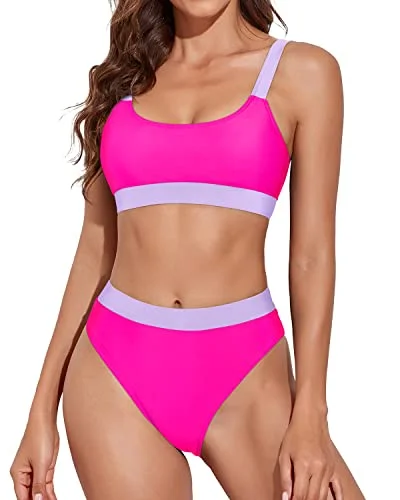 Women’s bikini bottoms adjustable studded flair -Women High Waisted Bikini Bottoms Sporty Scoop Neck Bikini-Phosphor And Light Purple