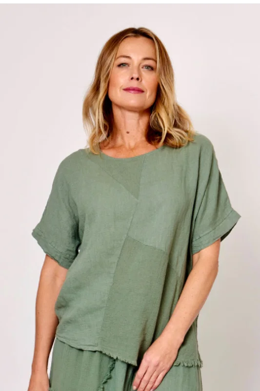 Women’s cover-up camel textured flair -La Strada Italian Linen Top Asymetrical Khaki