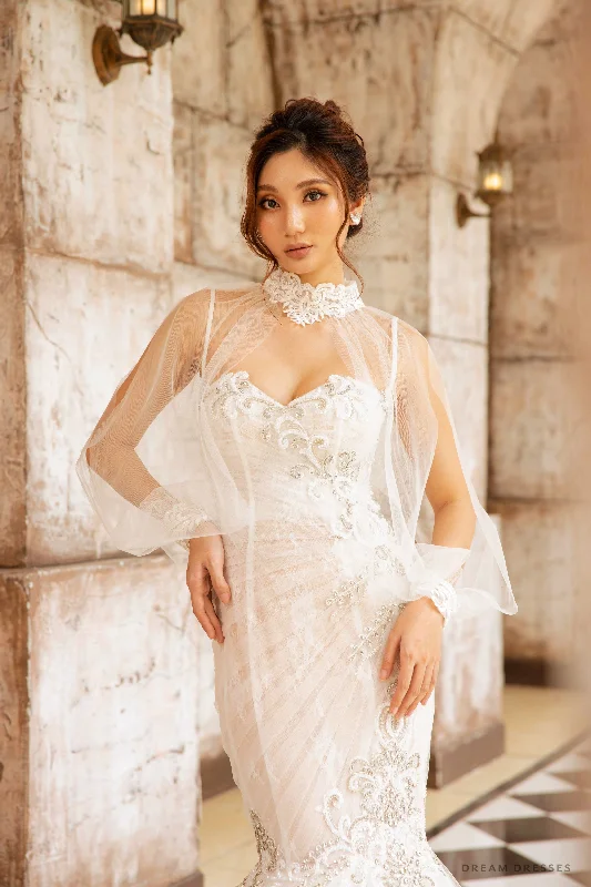 Women’s cover-up slate embossed chic -Tulle and Lace Bridal Bolero (#BRENNA)