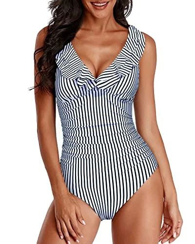 ladies one-piece swimsuit stark shades -Tummy Control One Piece Swimsuits With Ruched Pattern-Black And White Stripe