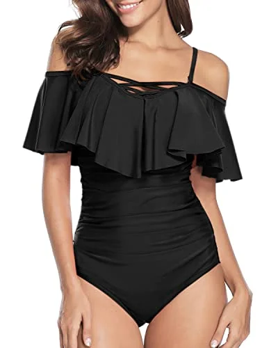 ladies one-piece swimsuit short length -Slimming Full Coverage One Piece Swimsuit Ruffle Off Shoulder Swimsuit-Black