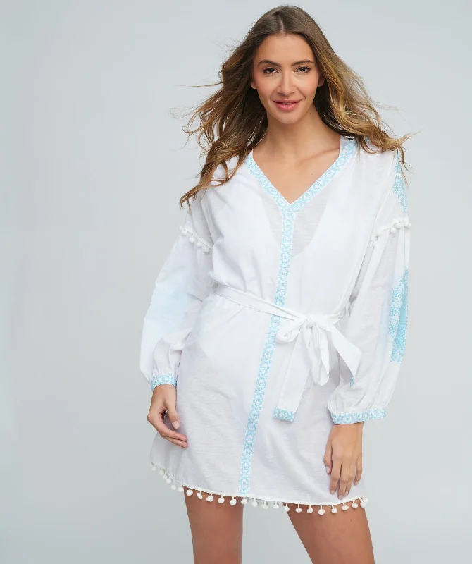 Women’s cover-up beach party satin glow -White/Turquoise Cotton Tunic Dress