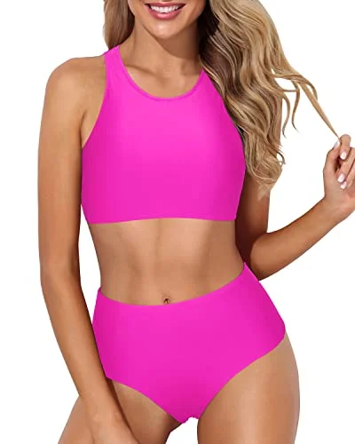 Women’s bikini bottoms ribbed mesh flair -Two Piece Full Coverage Bottom Sporty High Waisted Bikini Set-Neon Pink