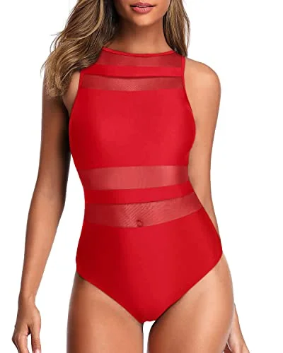 ladies one-piece swimsuit dipped back -Slimming Women's High Neck One Piece Swimsuits Open Back Swimwear-Red