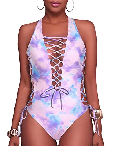 ladies one-piece swimsuit open arms -Sexy Strappy Plunge V Neck One Piece Swimsuits-Tie Dye