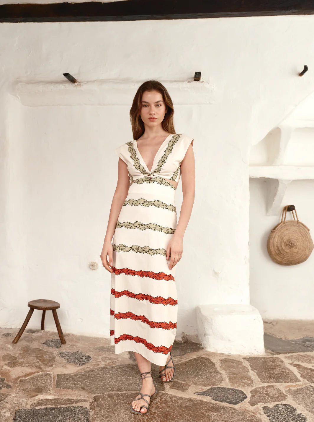 Women’s cover-up coastal textured flair -Quinto Sol Cotton Midi Dress Ivory Striped Helechos