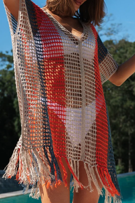 Women’s cover-up sandy studded flair -Multicolor Striped Tassel Crochet V Neck Beach Cover Up