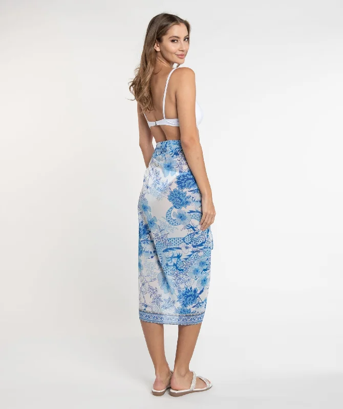 Women’s cover-up side slit perforated chic -Blue Floral Print Sarong