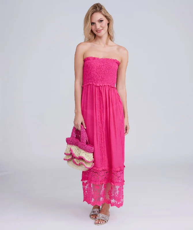 Women’s cover-up UV shield textured chic -Hot Pink Strapless Slip-On Maxi Dress