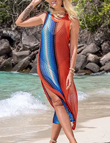 Women’s cover-up sun hat embossed glow -Women's Hollow Out Crochet Swimsuit Cover Up Dress, Multi Color