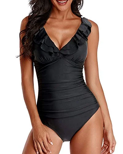 ladies one-piece swimsuit melon orange -Slimming Women's V Neck One Piece Swimsuit-Black