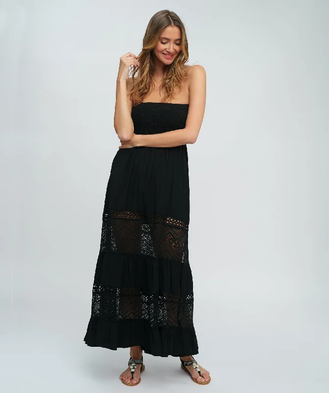 Women’s cover-up sand proof mesh chic -Black Strapless Maxi Dress with Empire Waist