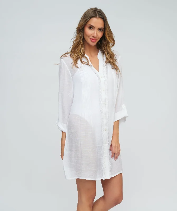 Women’s cover-up personalized mesh chic -White Fringed Beach Shirt Dress