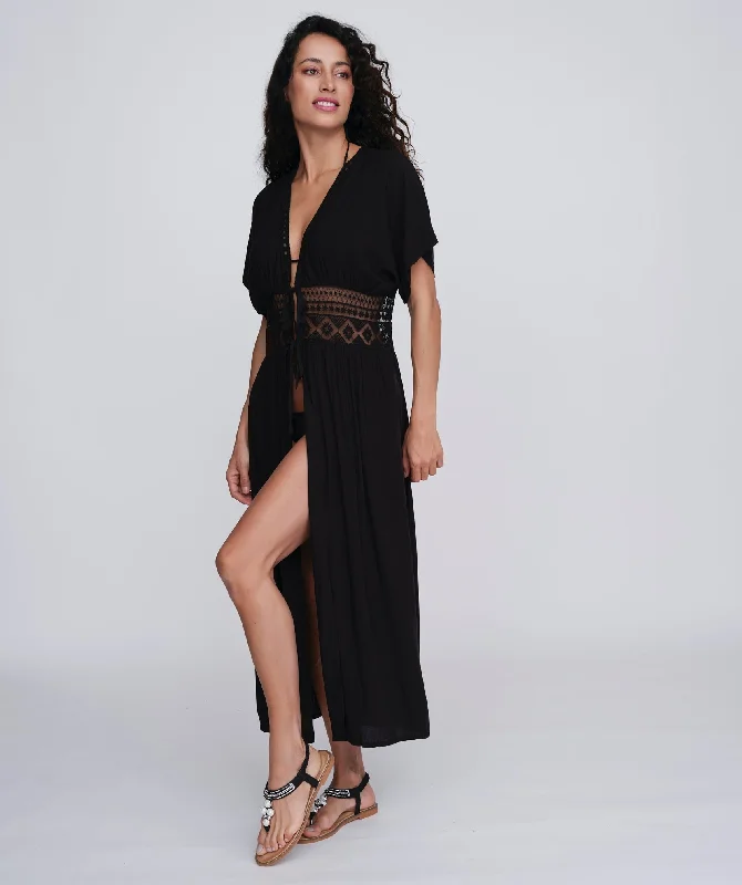 Women’s cover-up voluminous embossed flair -Black Beach Kimono with Cap Sleeves