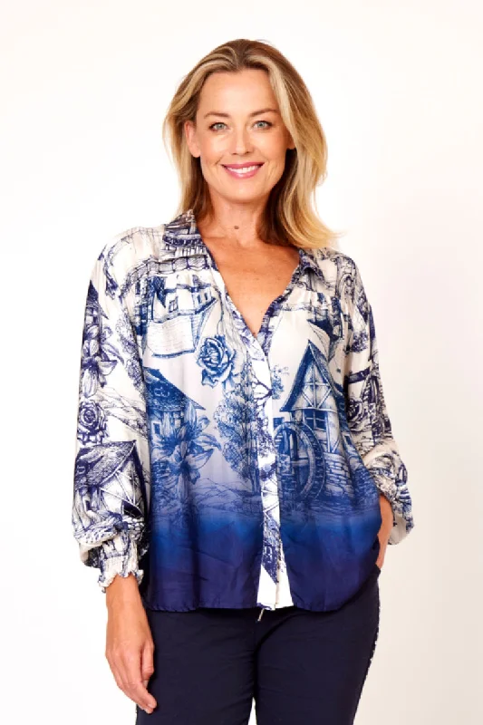 Women’s cover-up poolside studded flair -La Strada 100% Viscose Country Cottage Print  Navy Cream Shirt