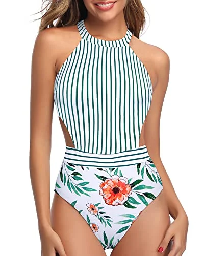 ladies one-piece swimsuit short waist -Tummy Control One Piece Cutout Swimsuits For Women-White Floral