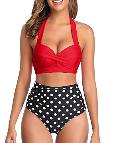 Women’s bikini bottoms red striking flair -Two Piece Vintage Swimsuit High Cut Bikini Bottom-Red Dot