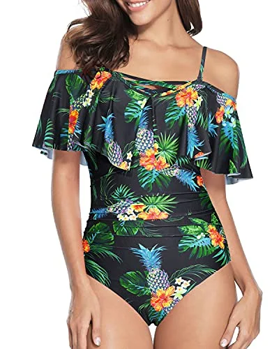 ladies one-piece swimsuit wrap neck -Off Shoulder Tummy Control One Piece Swimsuits For Women-Black Pineapple