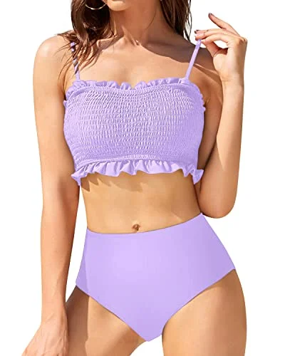 Women’s bikini bottoms twist linen glow -Tummy Control High Cut Bikini Bottom And Ruffled Bikini-Light Purple