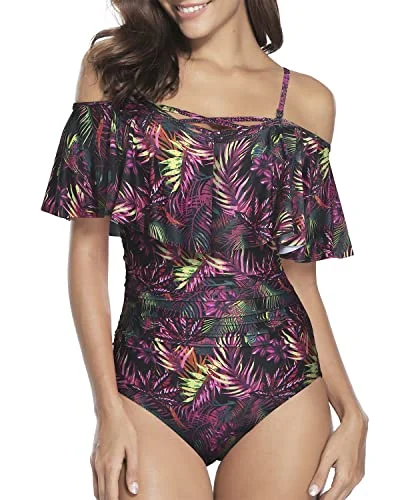 ladies one-piece swimsuit flat neck -One Piece Off Shoulder Swimsuits For Women Tummy Control Bathing Suits-Purple Leaf