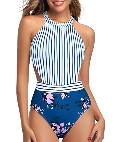 ladies one-piece swimsuit clip straps -Hollow Out High Neck One Piece Swimsuits Removable Padded For Women-Blue Floral