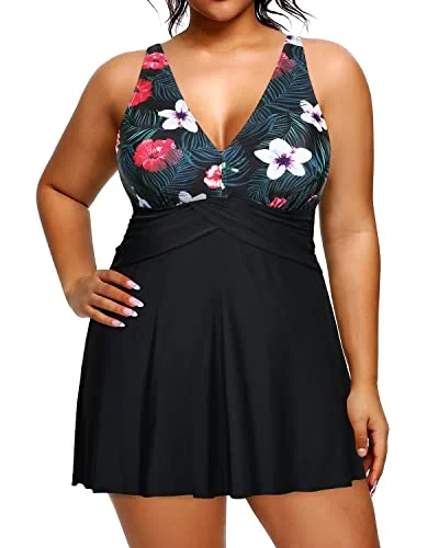 ladies one-piece swimsuit dune chic -Women's Full Power Mesh Lining Plus Size One Piece Swimsuit-Black Floral