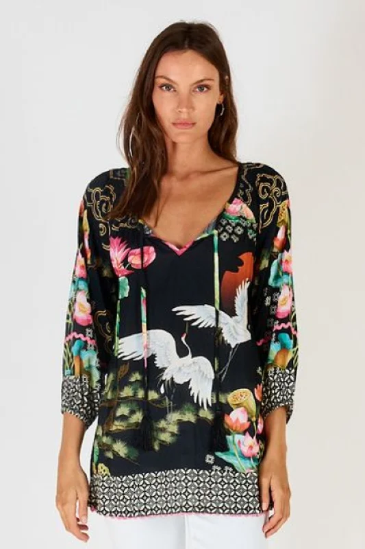 Women’s cover-up asymmetrical satin glow -Lula Soul Yoshiko Print Black Shirt