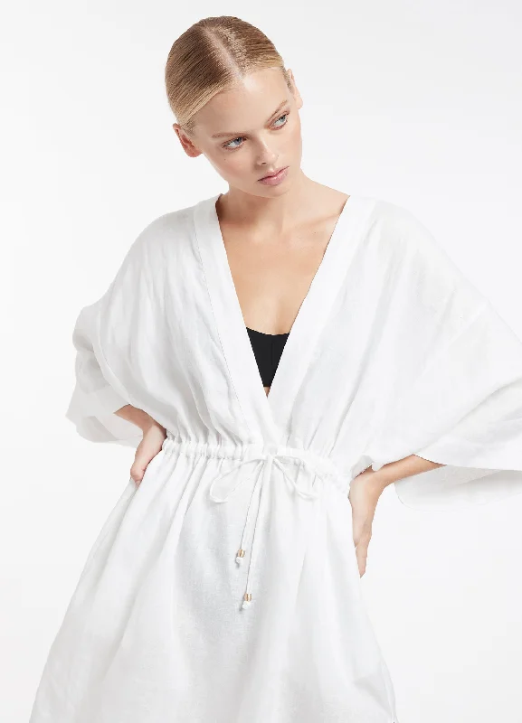 Women’s cover-up silk linen flair -Jetset Gather Front Kaftan - White