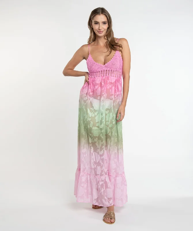 Women’s cover-up beach tote satin flair -Fuchsia Floral Lace Slip-on Maxi Dress