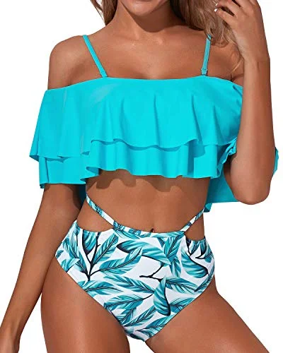 Women’s bikini bottoms Brazilian satin chic -Fashionable Two Piece Bathing Suit For Women Tummy Control Bottoms-Light Blue Green Leaves