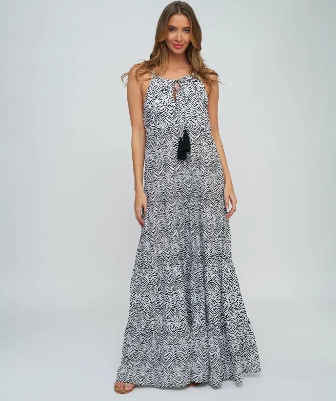 Women’s cover-up olive textured flair -Slip-On Black White Maxi Dress with Adjustable Straps