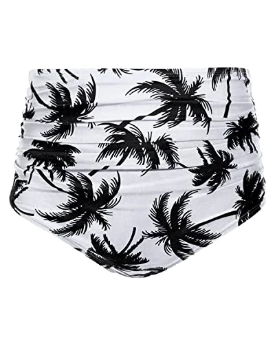 Women’s bikini bottoms mesh studded flair -Classic Women High Waisted Bikini Bottom Retro Ruched Swim Short-Black Palm Tree