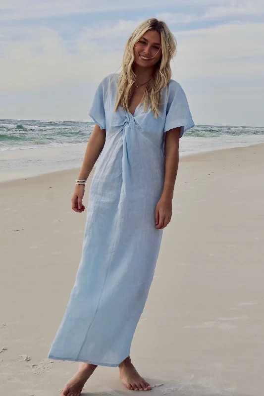 Women’s cover-up pool slide textured glow -Knot Linen Dress Long Blue