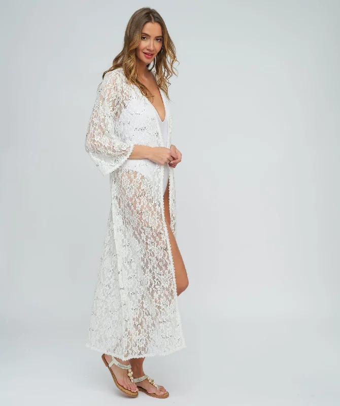 Women’s cover-up online linen glow -White Sequin Lace Kimono