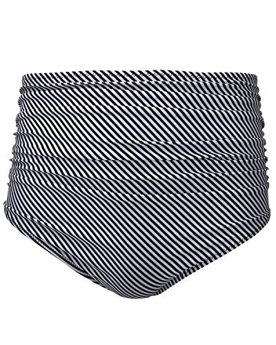 Women’s bikini bottoms embroidered embossed chic -Shirred Tankinis High Waisted Bikini Bottom For Ladies-Black And White Stripe