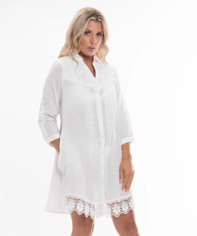 Women’s cover-up sale embossed glow -White Self Print Cotton Beach Tunic with Lace Trim