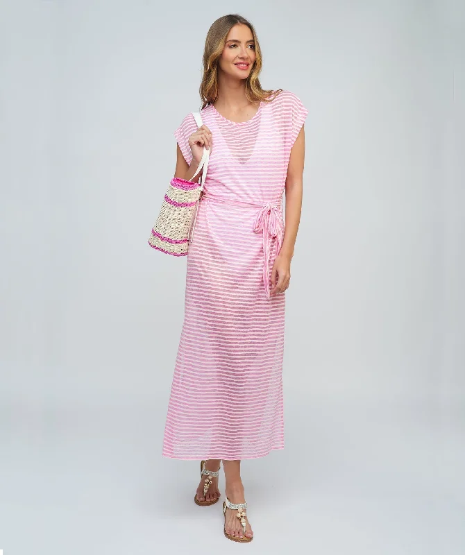 Women’s cover-up tie-front perforated flair -Pink Stripe Slip-on Beach Maxi Dress