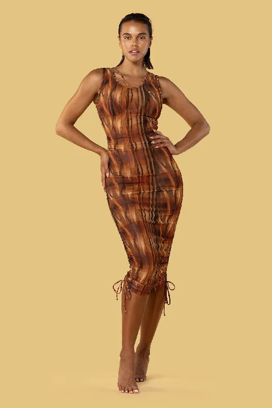 Women’s cover-up mustard satin chic -Kaori Caramel Tiger Dress