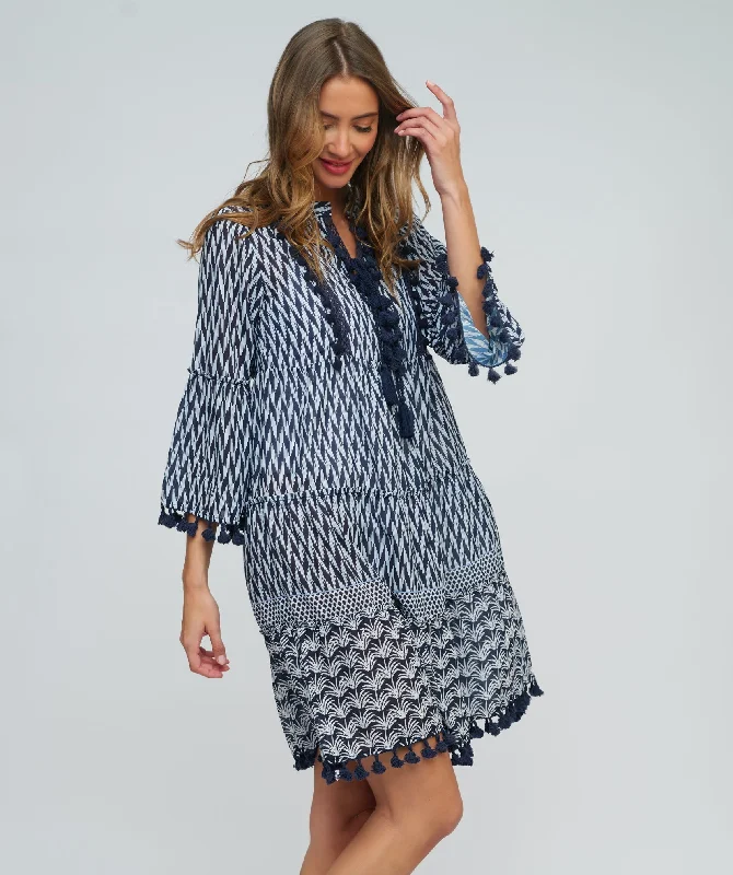 Women’s cover-up baby blue studded chic -Navy Cotton Beach Dress